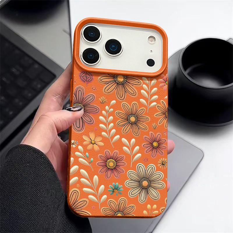 Minimalist Full-Coverage Line Art Daisy Pattern Shockproof Soft TPU Leather Texture Cover Case for iPhone 17 Pro Max Air 16e 16 15 14 13