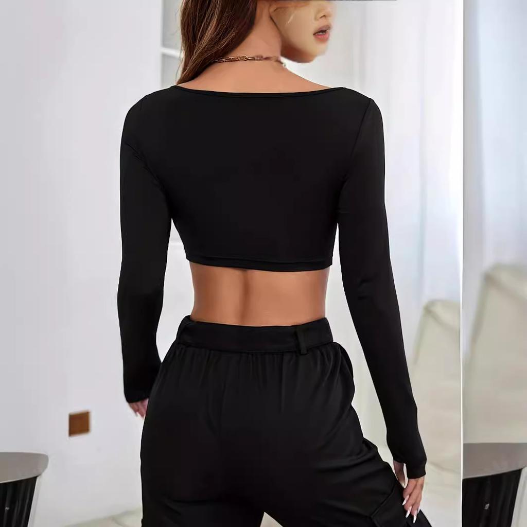 Spring Women's Athletic Casual Cut-off Style Knit High Stretch Long Sleeve Top