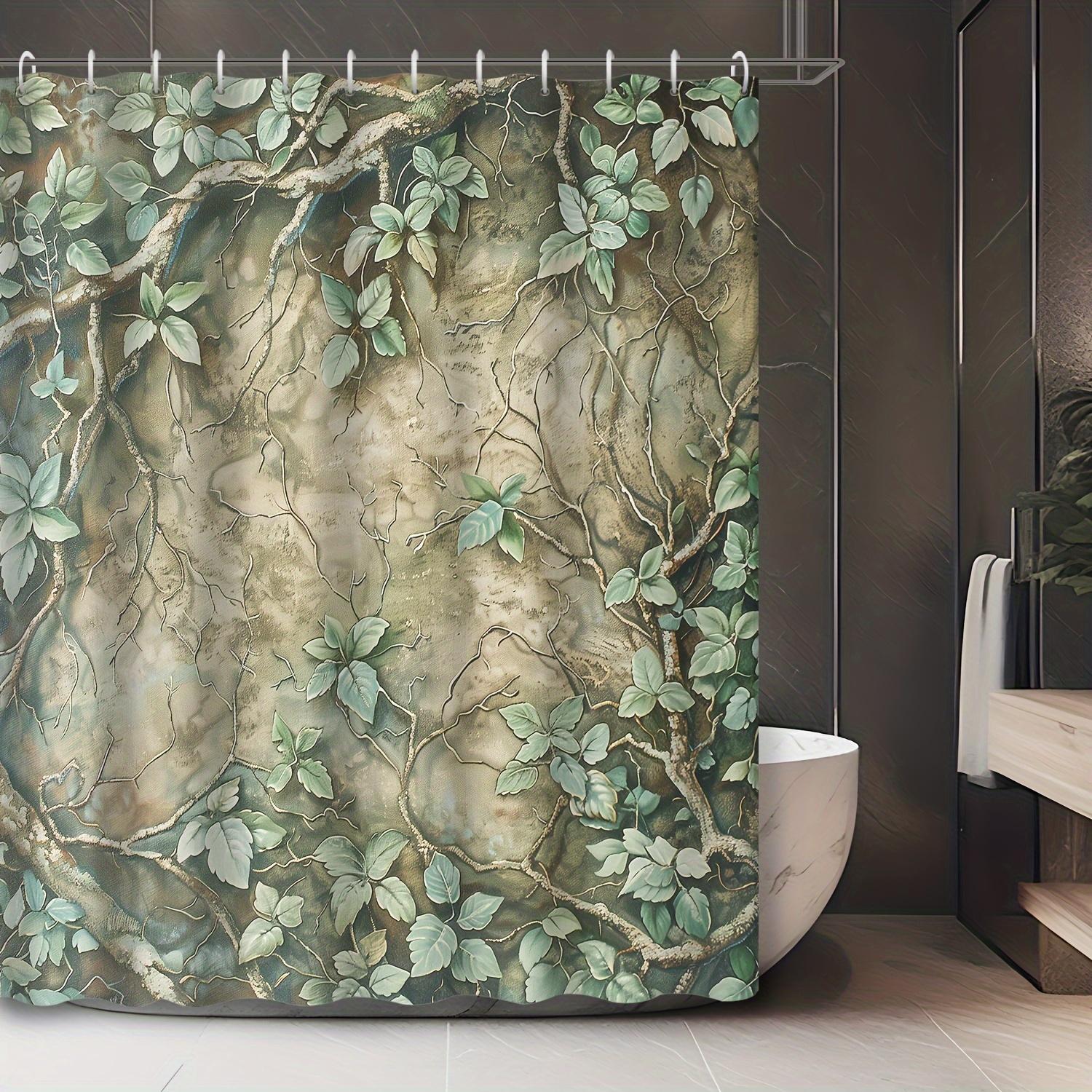 Винтажная шторка для душа с цветочным узором и веткой мертвого дерева - Узор из зеленых листьев, 12 крючков W90XH180cm