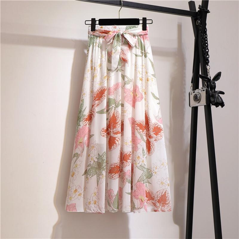 Spring and Summer New Bohemian Chiffon Skirt Mid-Length High Waist Fairy Floral Large Swing Skirt Beach Skirt
