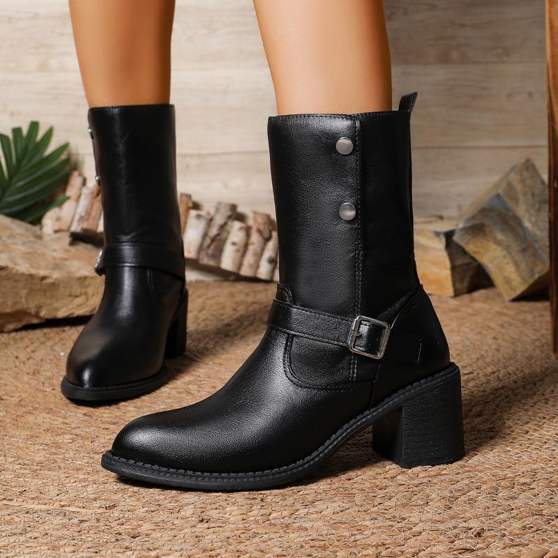 

Large-sized Pointed-toe Boots, New Thick-heeled Mid-calf Boots, Women s Belt-buckle Boots, Women s Shoes 36 чорний