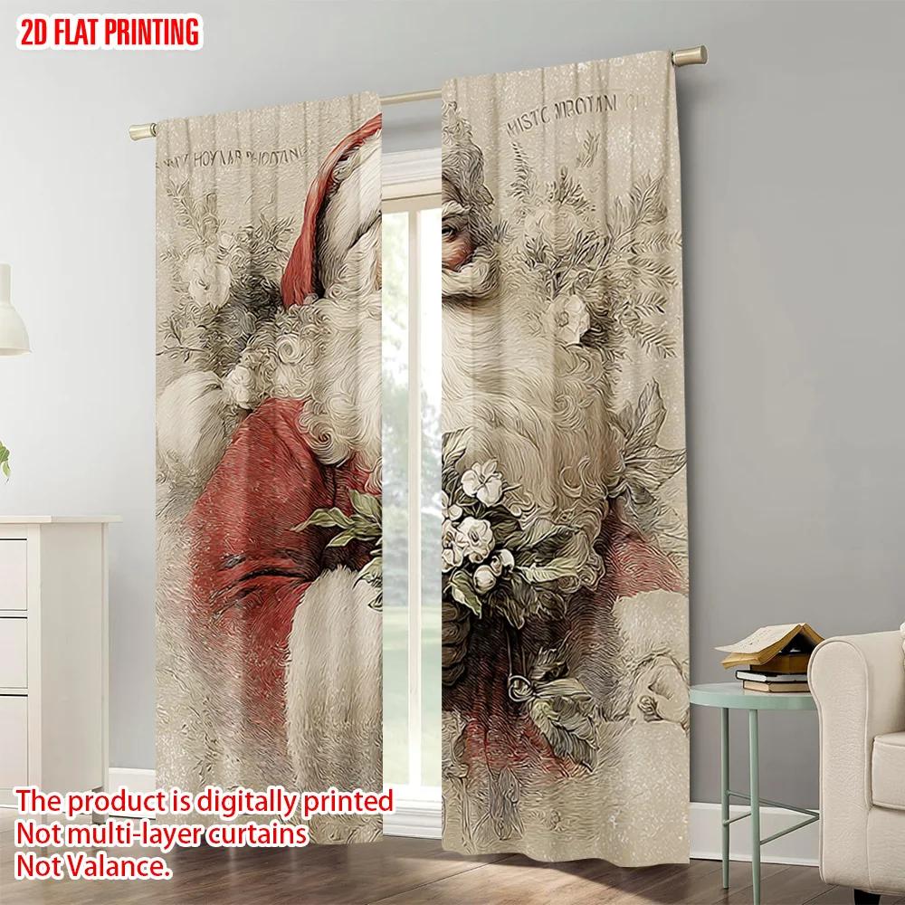 2pcs   plane printing Popular Curtains Vibrant Santa with Holly & Berries Polyester Woven (without rod) Room Decor for Bedroom