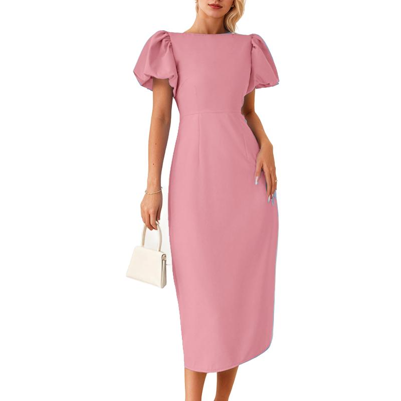 

ZANZEA Женское летнее повседневное платье с круглым вырезом и пышными короткими рукавами M розовый