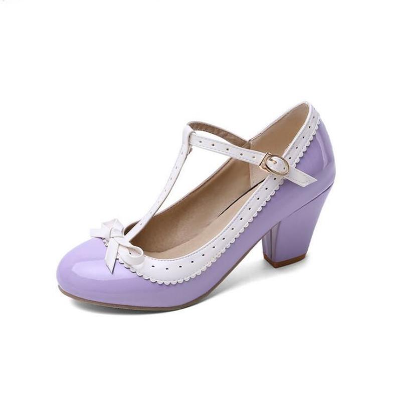 Girls' Shoes Women Mary Jane Shoes Lolita High Heels Bow T-Strap Wedding Pumps Thick Heels Shoes Bridal Princess Footwear 32-43