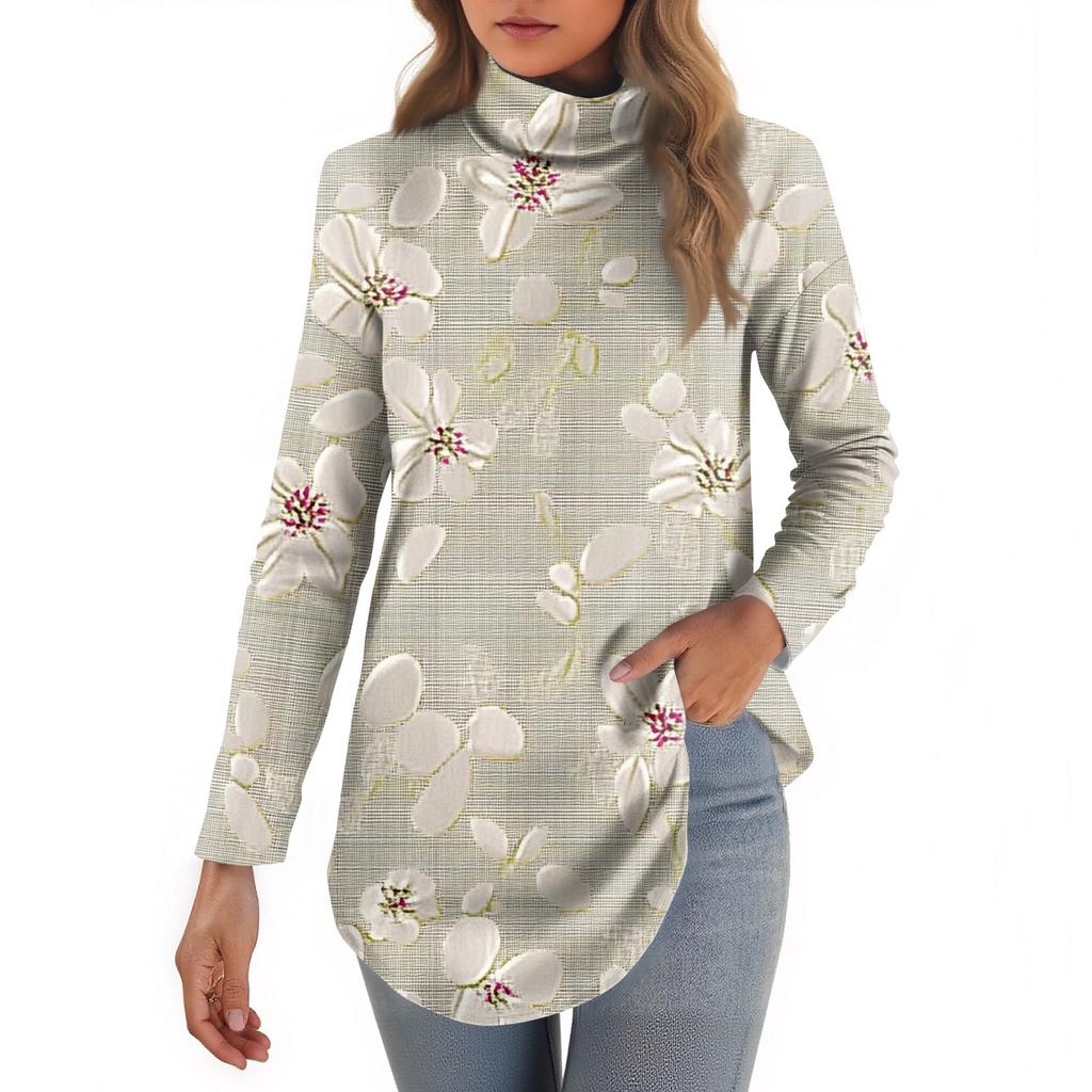 Koszulki damskie, jesienne, codzienne koszule z długim rękawem Bluza z nadrukiem w stylu vintage, sweter z wysokim dekoltem