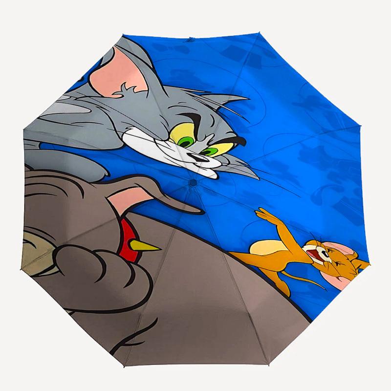 1pc Tom and Jerry Automatic Folding Umbrella - Compact 8-Rib Design, Durable Plastic & Iron1369L