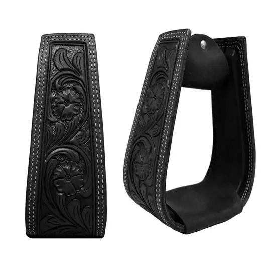 Black Western Stirrups Saddle Tack Floral Handmade Tooled Leather Covered Pair.