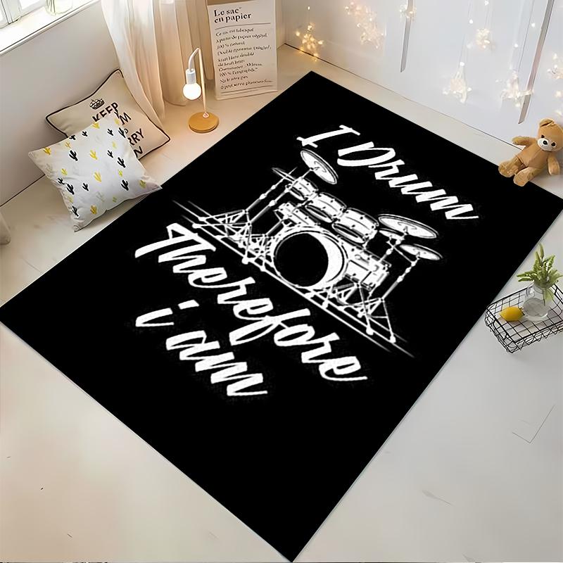"Black Drum Kit Carpet with 'I Drum Therefore I Am' Lettering Print" Suitable for use as an anti-slip for living room bedroom sofas