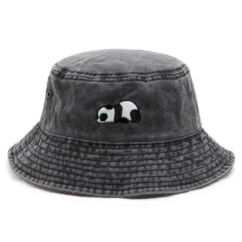

Washed Cotton Bucket Hat for Men Women Vintage Wide Brim Sun Protection Adjustable Outdoor Fishing Beach Caps Panda Embroidery чорний