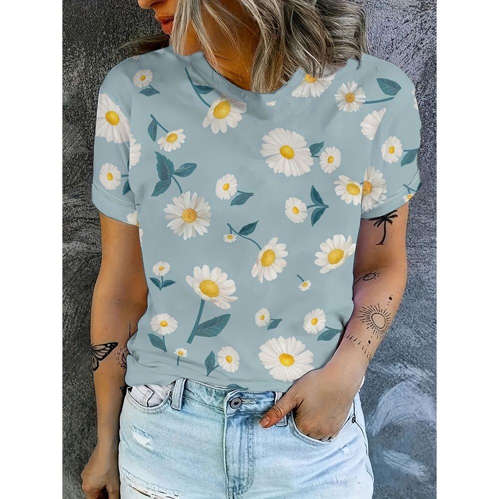 Sommer Gänseblümchen Blume Floral 3D Druck T-Shirts Damen Streetwear Lässig Kurzarm T-Shirt Rundhals T-Shirts Oberteile Damenbekleidung