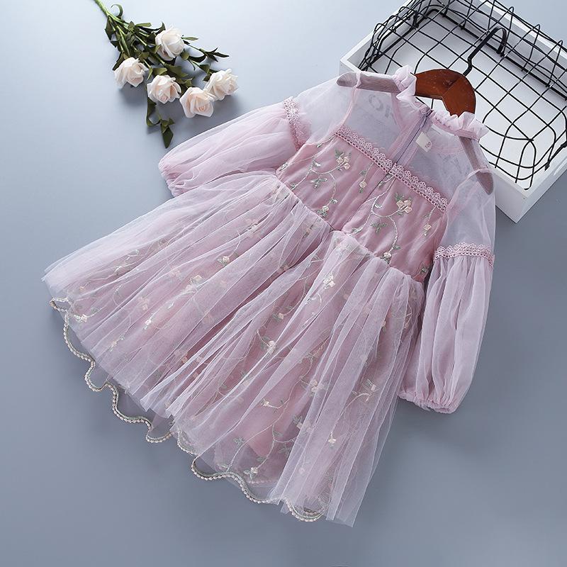 Mädchen Modekleid Frühling und Herbst Kinder Spitzen Mesh Stickerei Puffärmel Prinzessinnenkleid