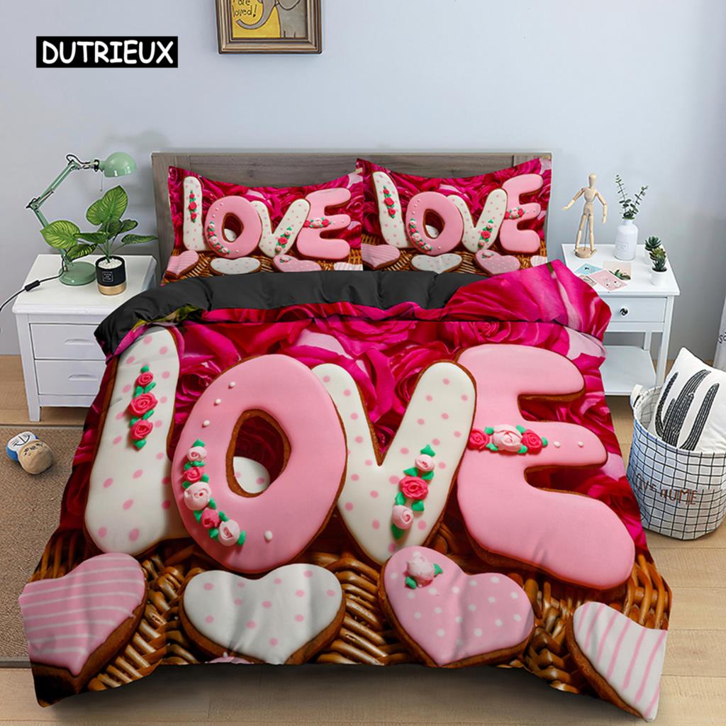 Valentine's Day Wedding Bedding Set 2/3 Pcs Luxurious Rose Love Heart Duvet Cover King Microfiber 3D Red Rose Print Quilt Cover