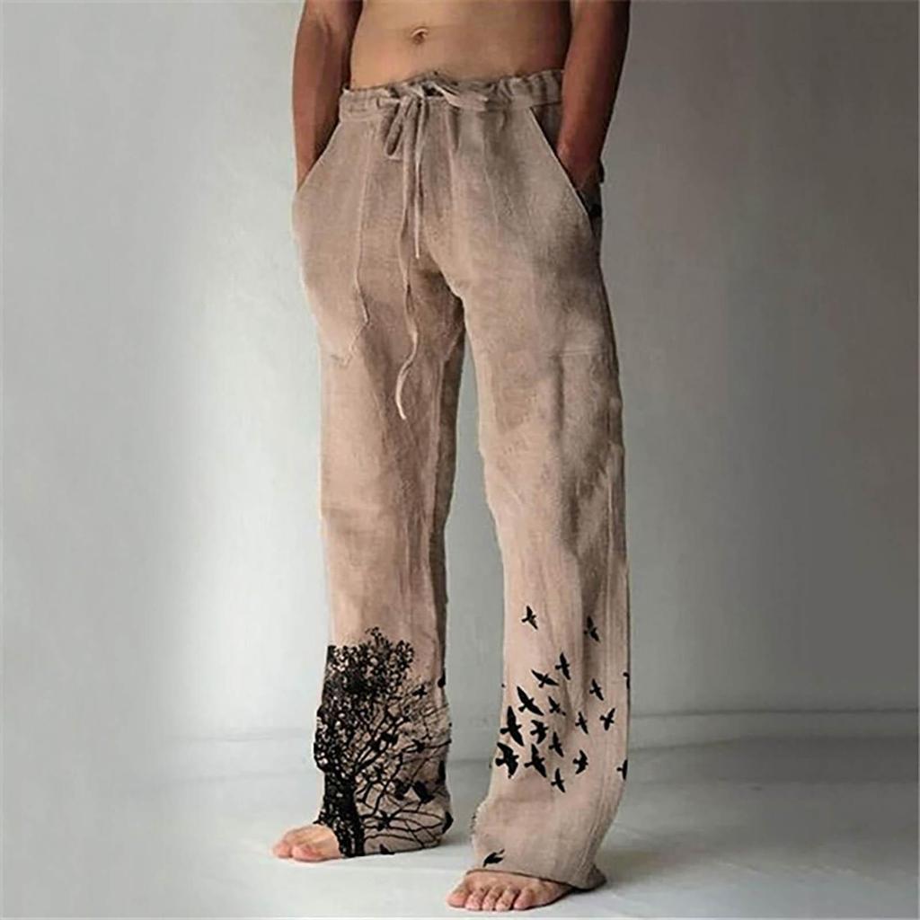 Men's Casual Loose Solid Color Cotton Linen Trousers Elastic Tie Print Trousers