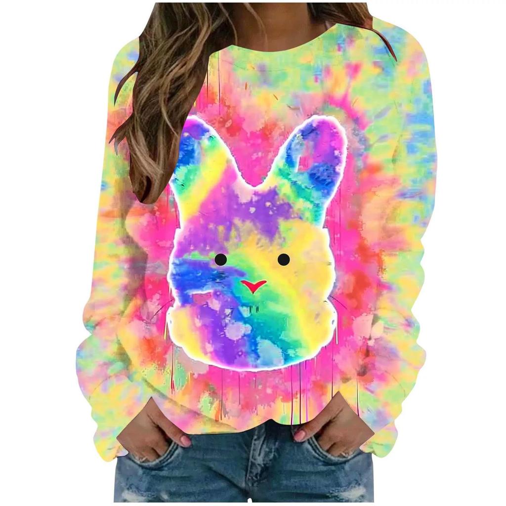 Round Neck 3D Tie Dye Rabbit Printed Top Fashionable Casual Long Sleeved Women's T-shirts