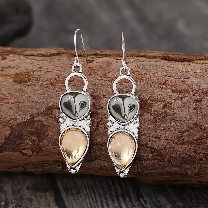 Vintage Water Droplets Champagne Color Stone Earrings Metal Silver Color Patterned Owl Dangle Earrings for Women Jewelry