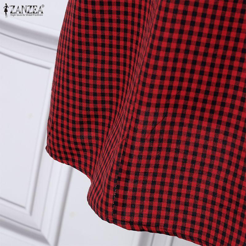 ZANZEA Women Casual Button Round Neck Short Sleeve Plaid Print Dress