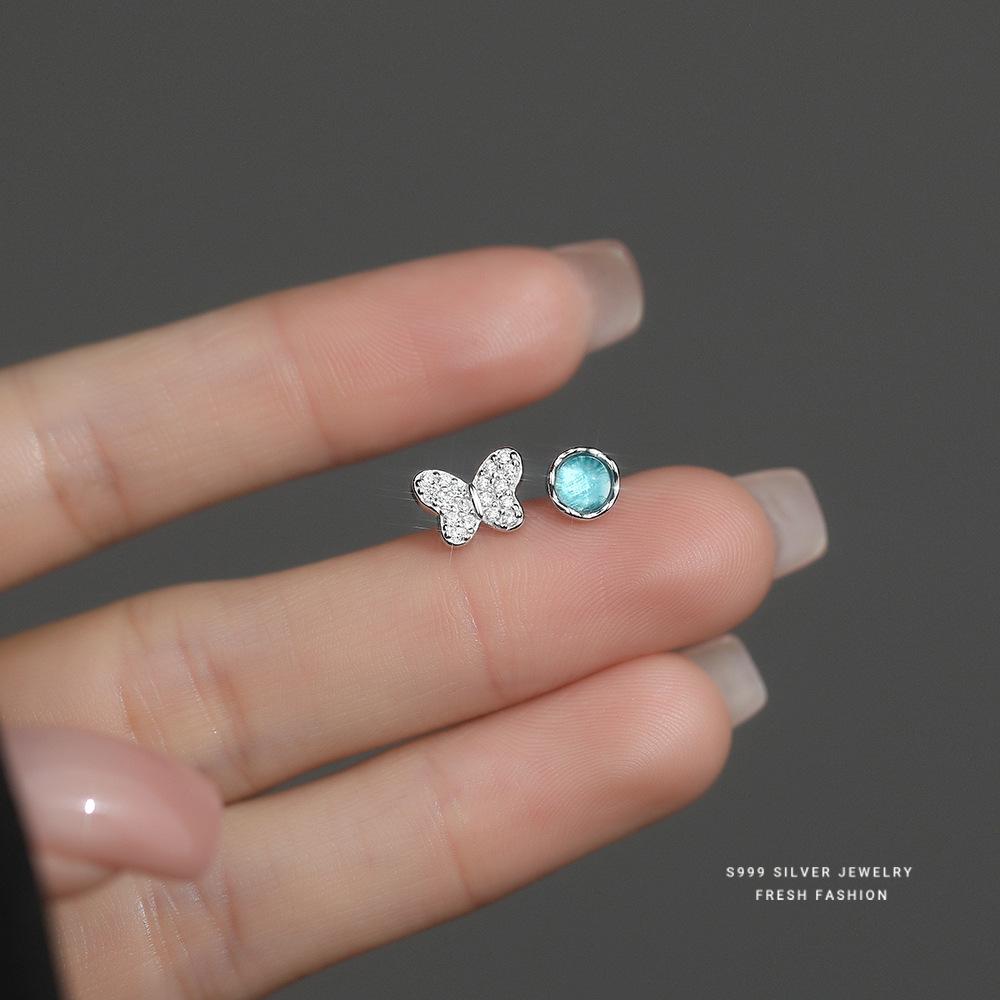 

S999 Sterling Silver Exquisite Butterfly CZ Earrings for Women Fashion Design Irregular Blue Glass Combination Earrings серебряный