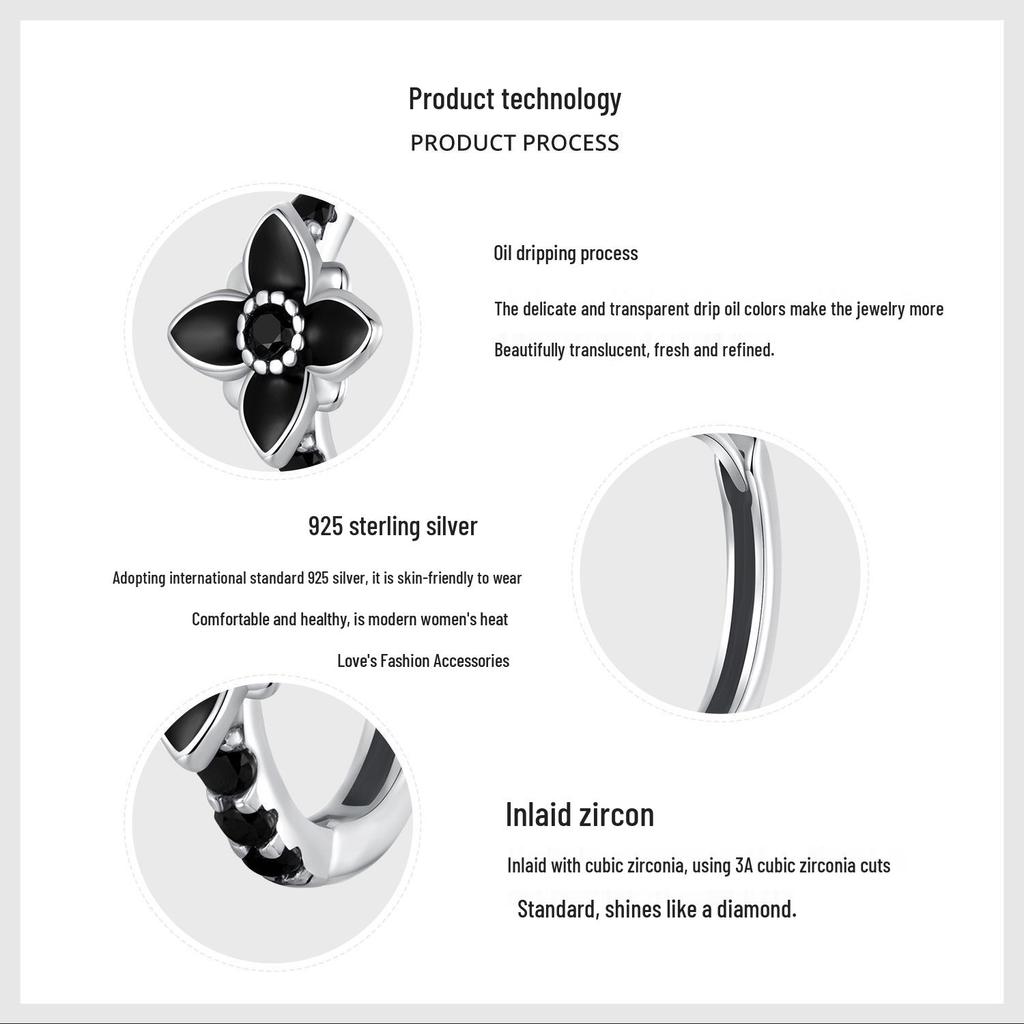 Elegant Black & White Retro Floral Earrings, S925 Sterling Silver Oxidized, Versatile Jewelry for Women