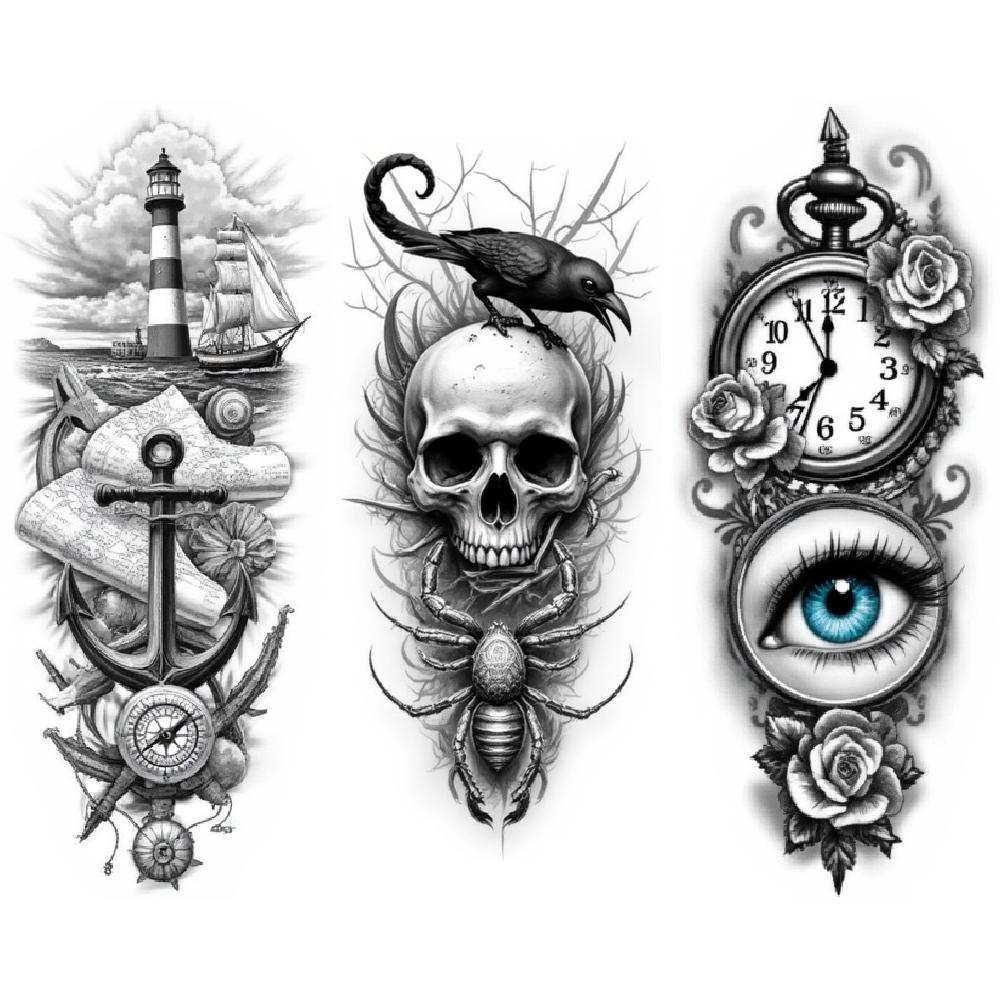 3pcs Temporary Tattoo Black And Grey Realism  And Moon Tree With House And Moon  With Lighthouse For Women Arms