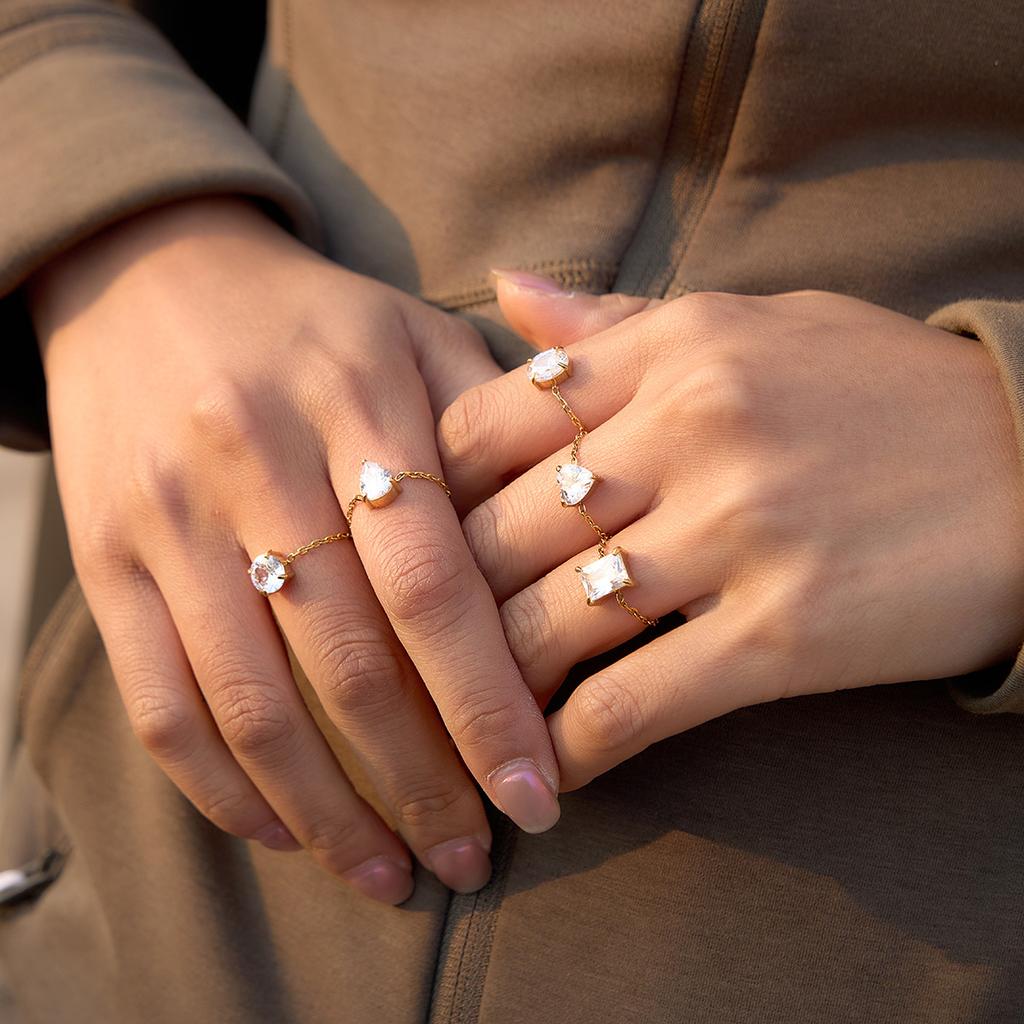 Stainless Steel Adjustable Rings for Women Waterproof Gold Plated Shiny Geometric CZ Zircon Pendant Fashion Finger Jewelry