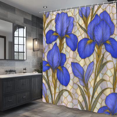 Stained Glass Blue Iris Flower Shower Curtain Machine Washable All Season Waterproof Privacy Protection Simple Installation