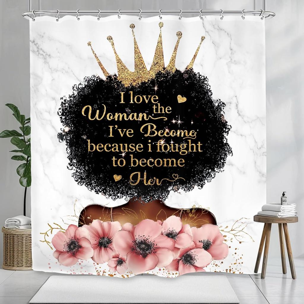 African American Olive Green Shower Curtain Black Girl Flower Oil Painting Art Bathroom Accessories Decoration with 12 Hooks