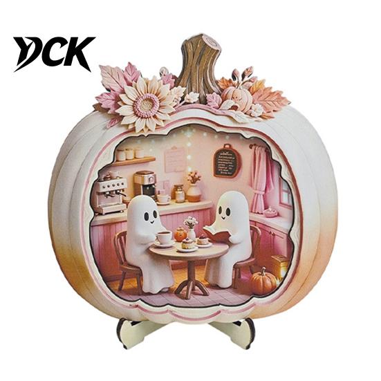 Cute Pastel Pumpkin Ornament Halloween Ghost Wooden Plaque, 2D Flat Tabletop Sign, Handmade Sign Spooky Bathing Reading for Home Office Mantel
