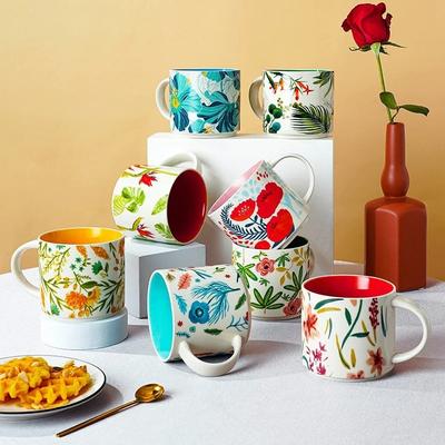 Floral Glaze Ceramic Mug 450ml Flower Bird Coffee Tea Cup Household Large Capacity Breakfast Mugs Business Gift Mugs Coffee Cups