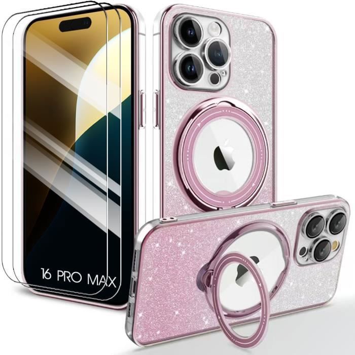 Coque de protection - Silicone - iPhone 16 Pro Max - Rose - Support rotatif - 2 Verres trempés