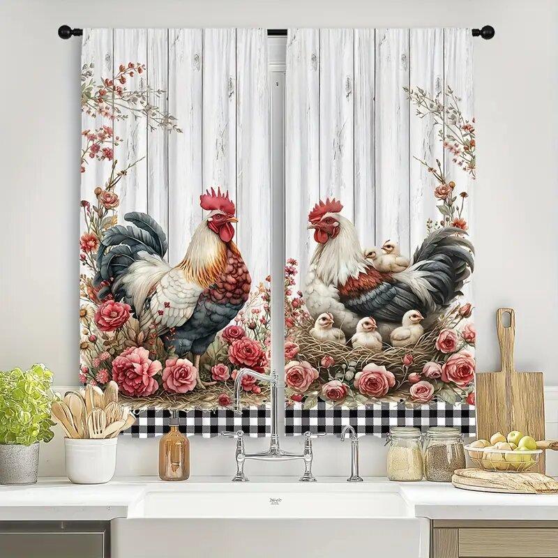 2pcs - Vintage Farmhouse Floral Rooster Pattern Printed Curtains, Window Decorations, Home Decorations, Room Decorations
