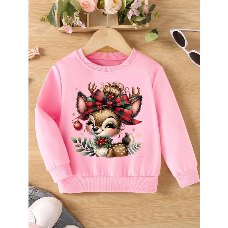 Kids Sweatshirt Christmas Sweatshirt with a Bow And Deer Print, a New Stylish And Versatile Round-Neck Thin Design for Spring And Autumn