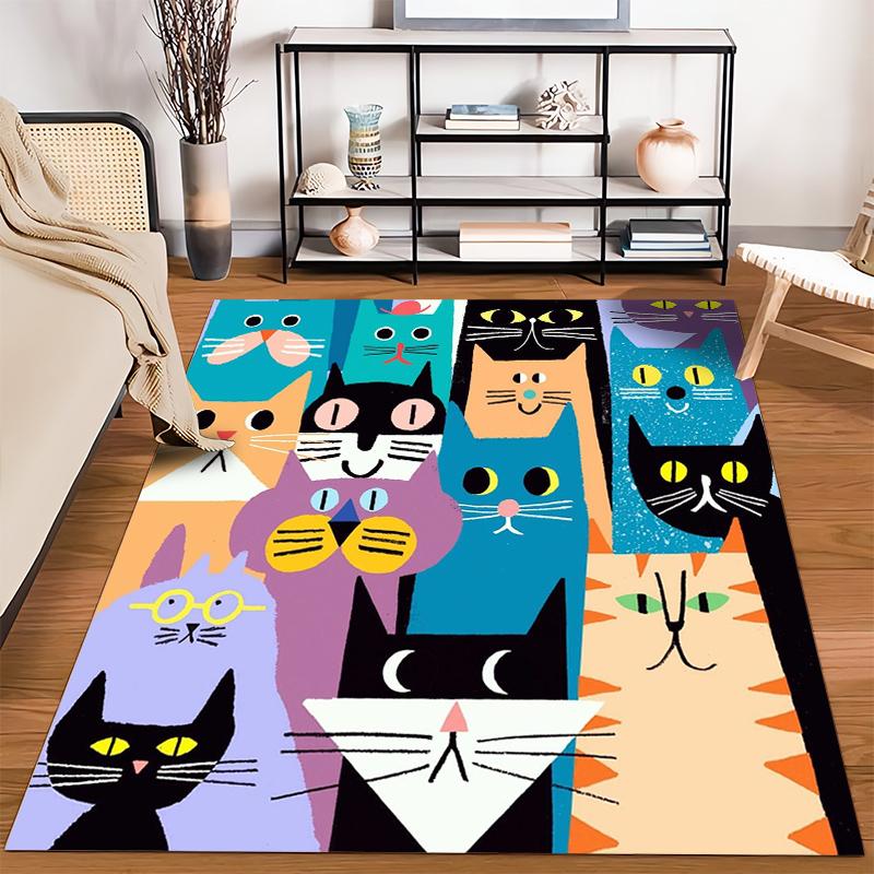 Colorful Cartoon Cats Illustration Printed on Carpet Whimsical and Artistic Design Suitable for use as an anti-slip for room and bedroom sofas