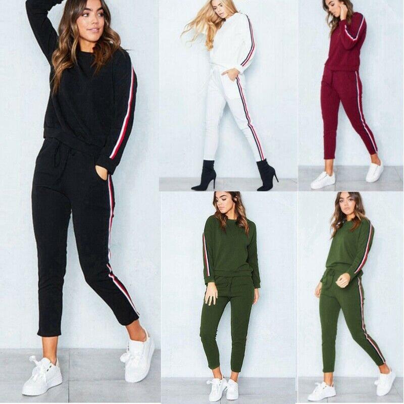 Women's 2 Pcs/set Tracksuits Comfy Striped Loungewear With O-neck And Drawstring