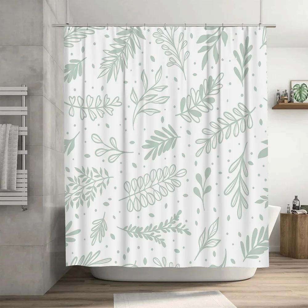 Leaf Pattern Shower Curtain Green and White Boho Style Decor for Bathrooms