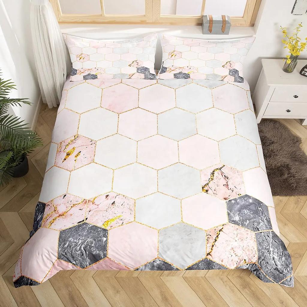 Honeycomb Duvet Cover Set Queen Size Geometry Hexagon Theme with Pink Blue Neon Lights Chic Comforter Cover for Boys Teen Man