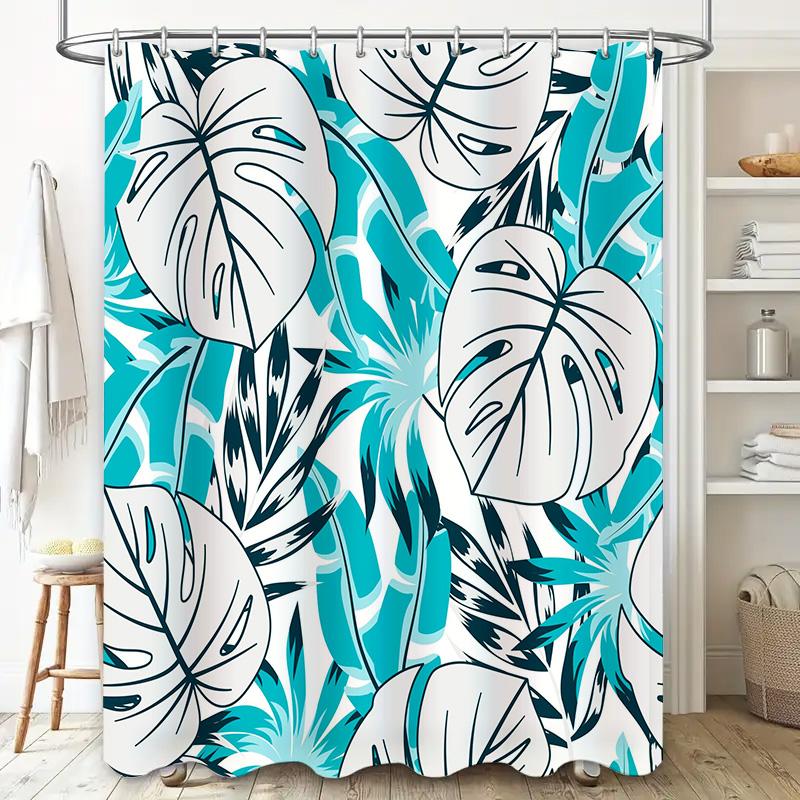 Modern Style Monstera Leaf Print Shower Curtain Blue and White Waterproof Bath Rug Decorative Fabric Liner for Home