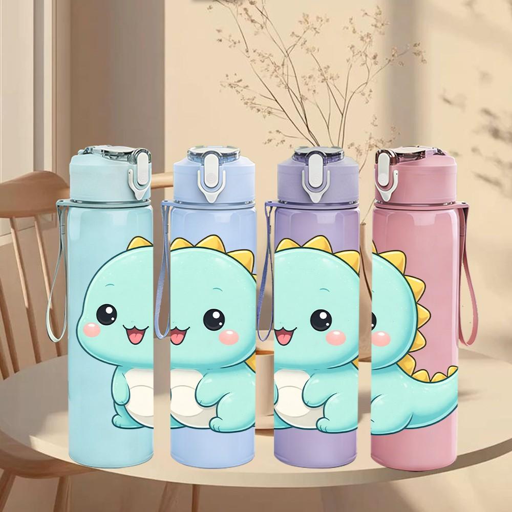 1PC Cute Baby Dinosaur Pastel Cartoon 750ml Color Plastic Sports Water Bottle Leakproof Flip Straw Lid Suitable for Sports Office Home Use