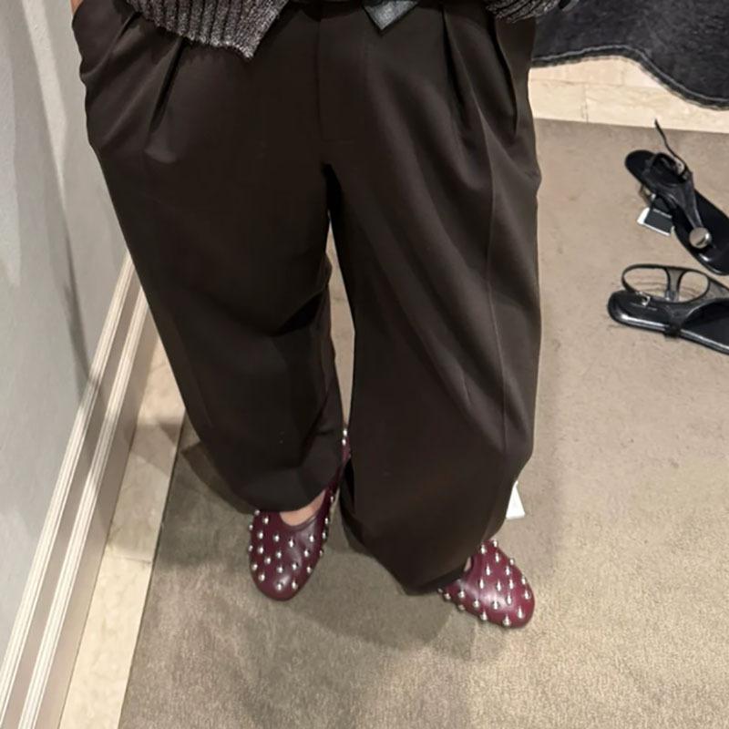 Cowhide version~ niche rivet Mary Jane flats autumn and winter new round head one-word buckle French shallow mouth single shoes