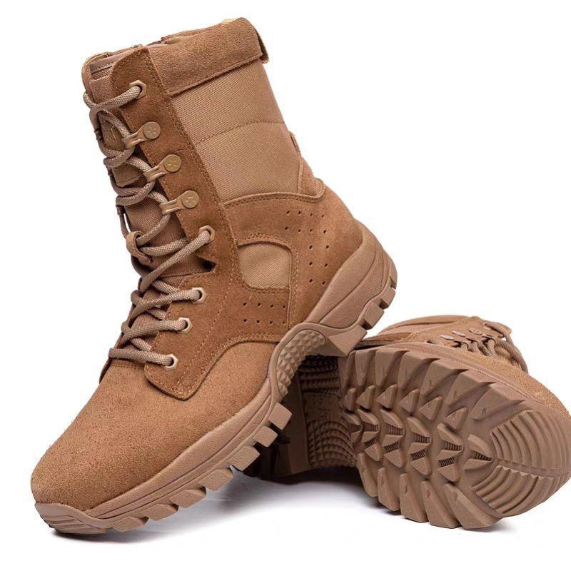 Men's Genuine Ultra-Light Brown Combat Boots with Side Zipper: Wear-Resistant and Ideal for Training, Mountaineering, and Outdoor Use.