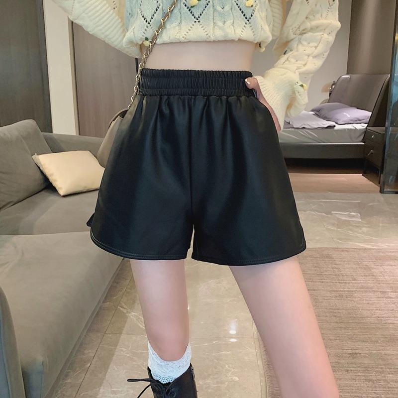 Women's PU Leather Wide-Leg Shorts - High Waist, Plus Size, Slimming, Autumn/Winter 2025 Collection