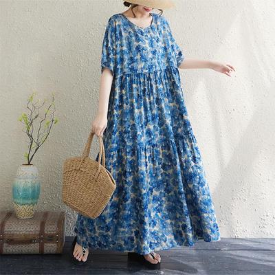 Krátky rukáv Plus size Bavlnená vintage kvetinová novinka v šatách pre ženy ležérne voľné dlhé letné šaty