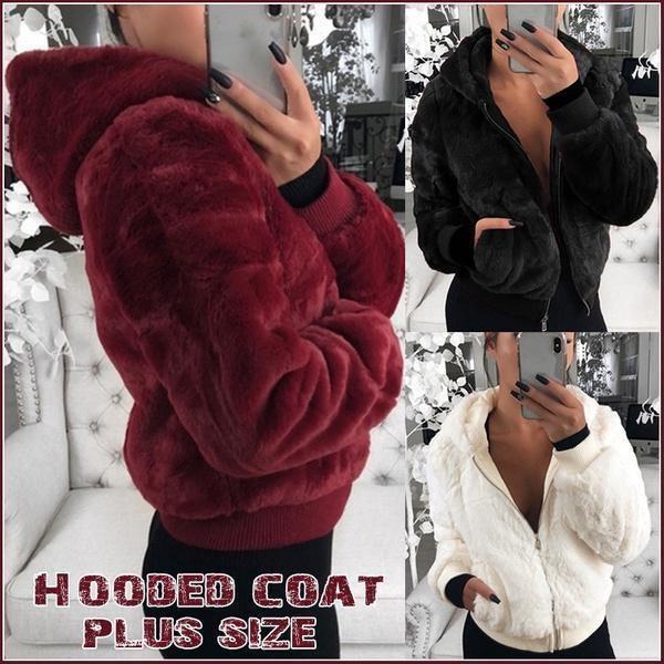 Solid Color Long-sleeved Hooded Coat Fluffy Faux Fur Cardigan Winter Zipper Jacket
