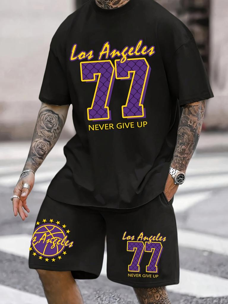 Summer Men's Sports Casual Comfortable Sports Suit T-shirt Shorts Two-piece Set No. 77 Digital T-shirt Shorts Set