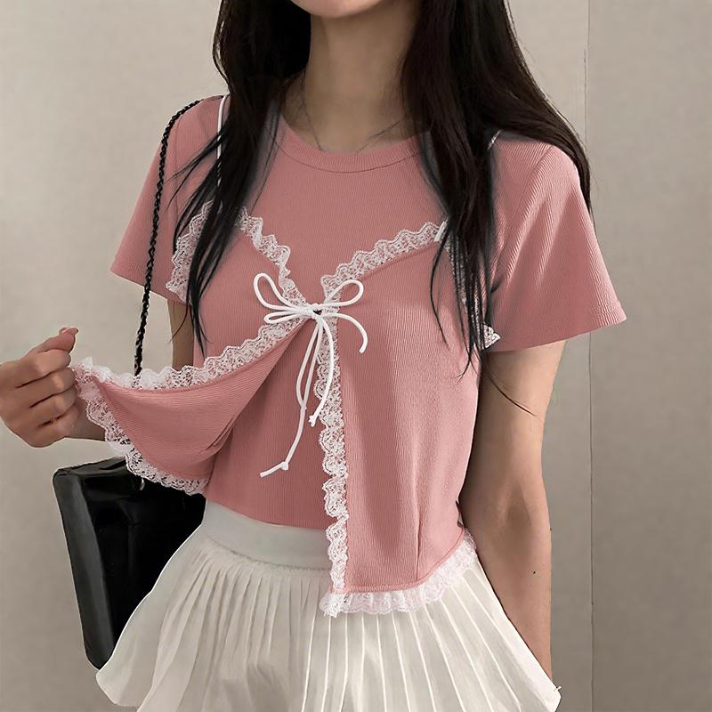 

ZANZEA Женские повседневные футболки с круглым вырезом, коротким рукавом, кружевной вставкой, имитацией двух частей 4XL