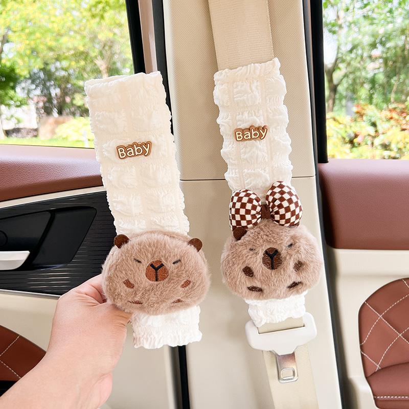 New Cute Cartoon Capybara Car Seat Belt Cover Four Season Universal Puff Material Auto Safety Shoulder Pad Car Decoration