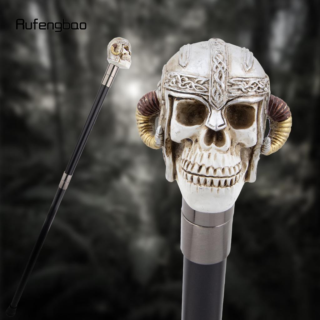 White Resin Skull  Ram's Horn Helmet Head Walking Cane Fashion Decorative Steel Stick Gentleman Performance Stage Cane 93cm
