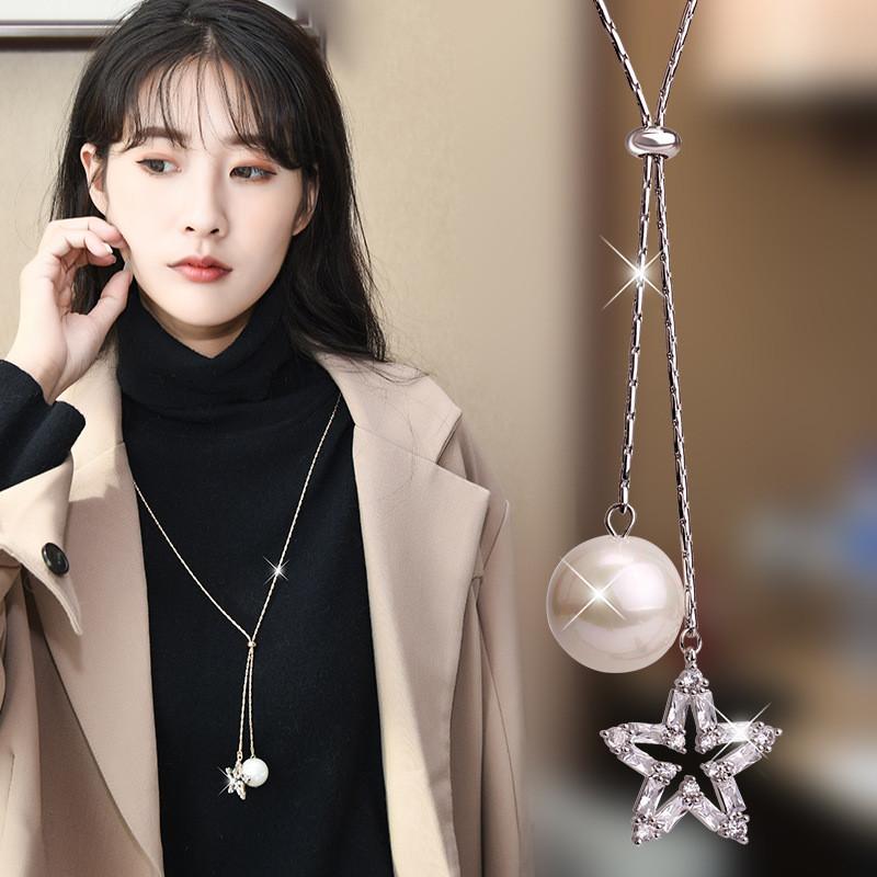 Fashionable Long Chain Star Shaped Pendant Necklace With Pearls Sparkling Design