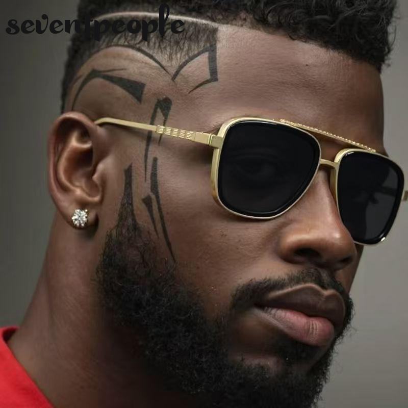 Classic Square Punk Sunglasses Men  Luxury Brand Trendy Metal Frame Outdoor Sun Glasses Vintage Double Beam Shades For Male