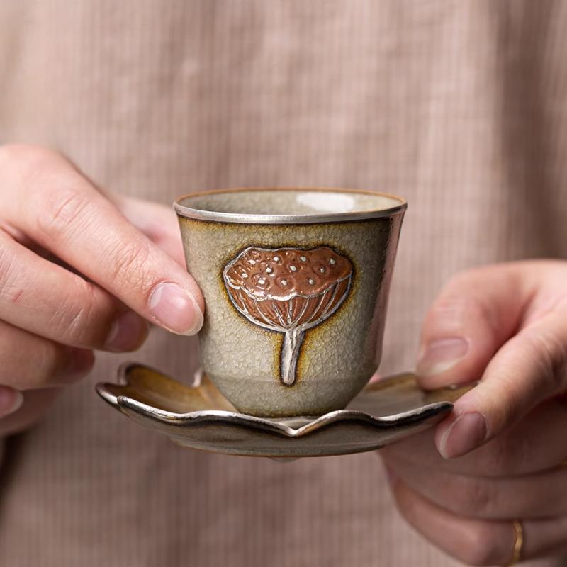 

Ice Flower Glaze Gilt Silver Lotus Flower Tasting Tea Cup Coaster Tea Cup Ceramic Cup Holder Home Kung Fu Tea Set