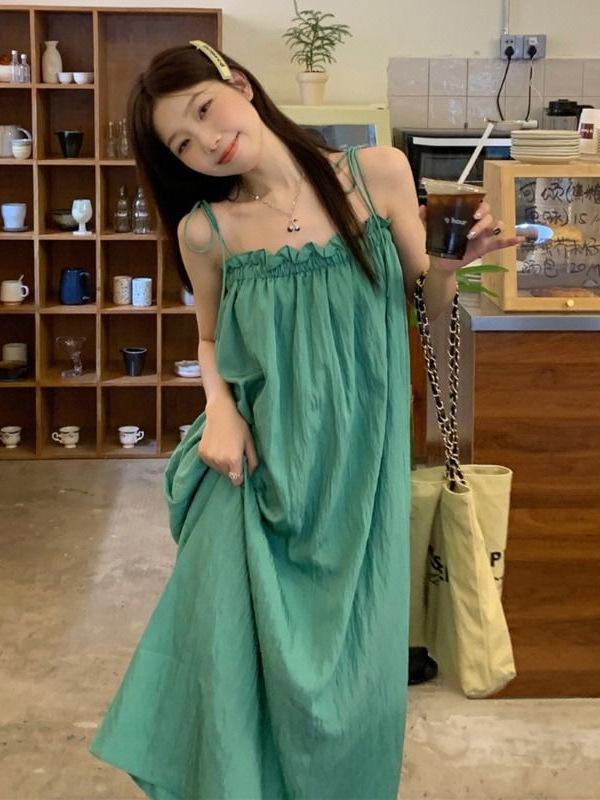 Autumn Green Casual Sleeveless Ruffle Hem Strap Dress for Women